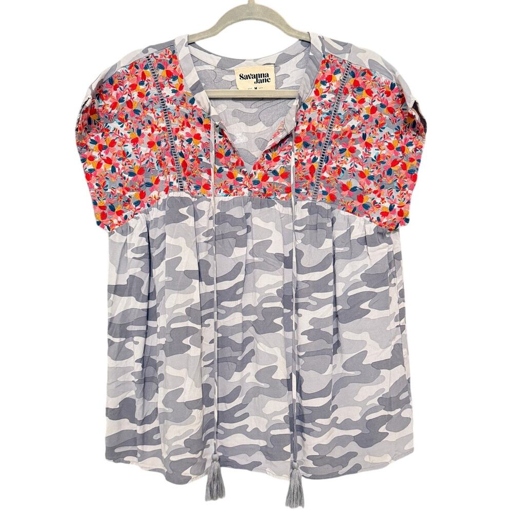 Savanna Jane Embroidered Floral Camo Boho Tassel Blouse Top Size M